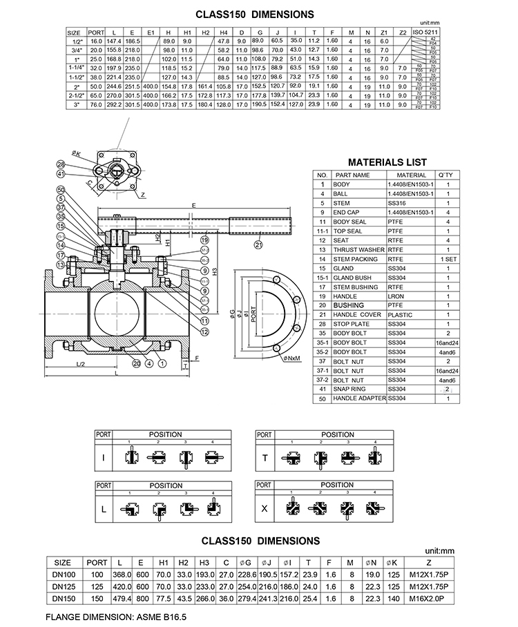 Drawing of Four Way Flanged Ball Valve-1