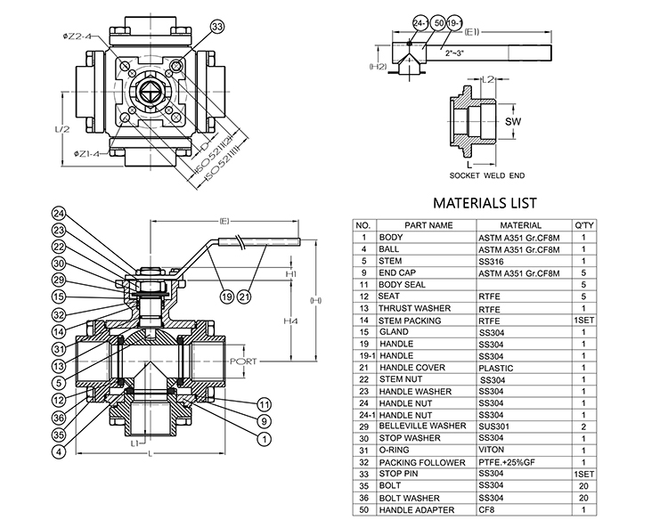 Drawing of five way ball valve