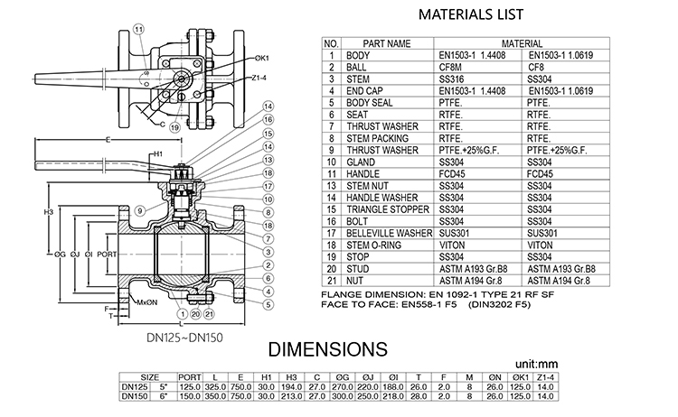 Drawing of DIN-standard flanged ball valve-1