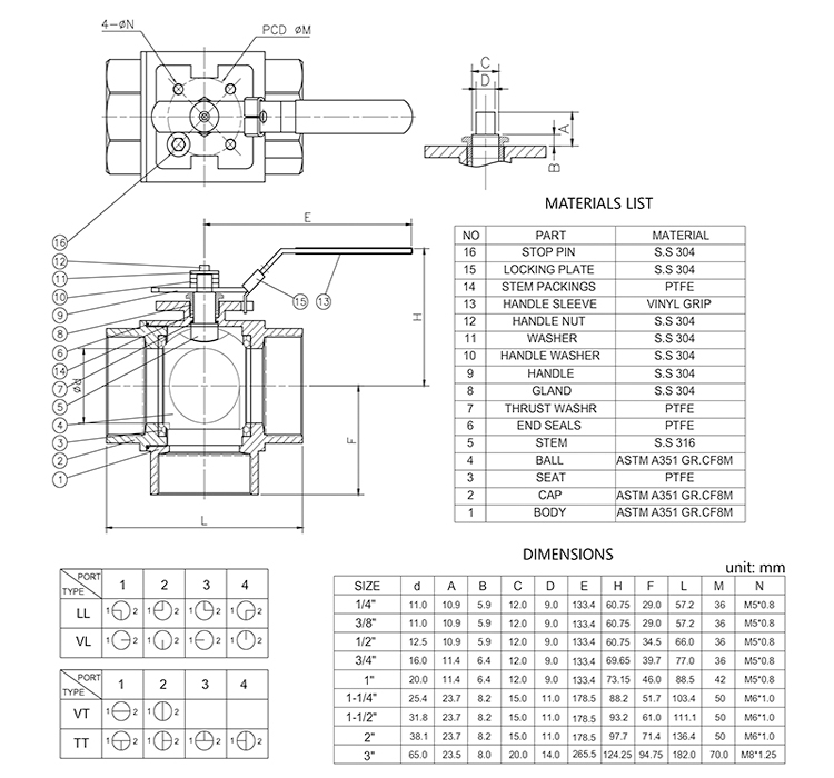 Drawing of three way ball valve bvrb-3bt
