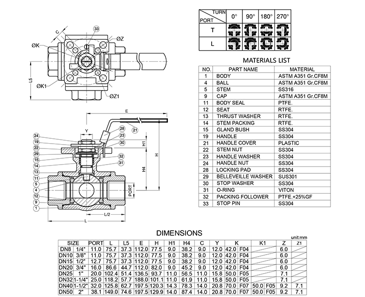 Drawing of three way ball valve bvrb-3dt