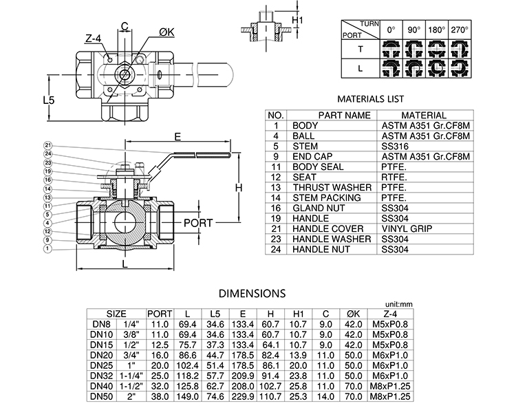 Drawing of Three Way Ball Valve